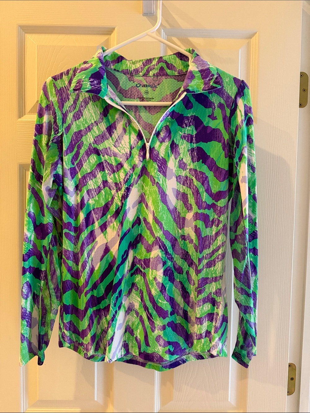 IBKUL Long Sleeve Polo in Green and Purple Zebra Print SPF 50